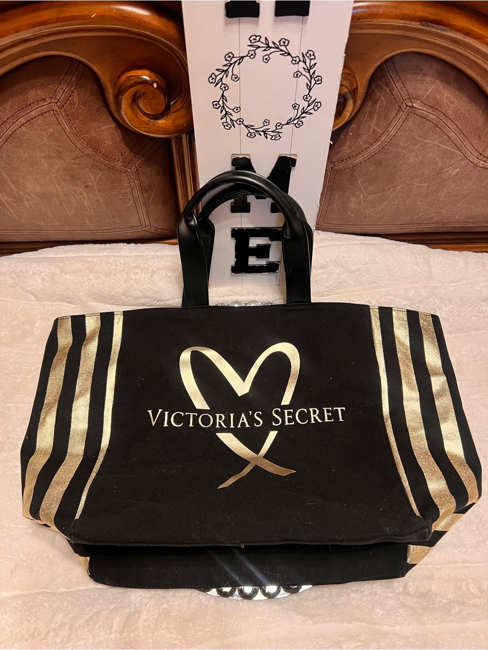 Victoria's Secret Black and Gold Striped Logo Tote